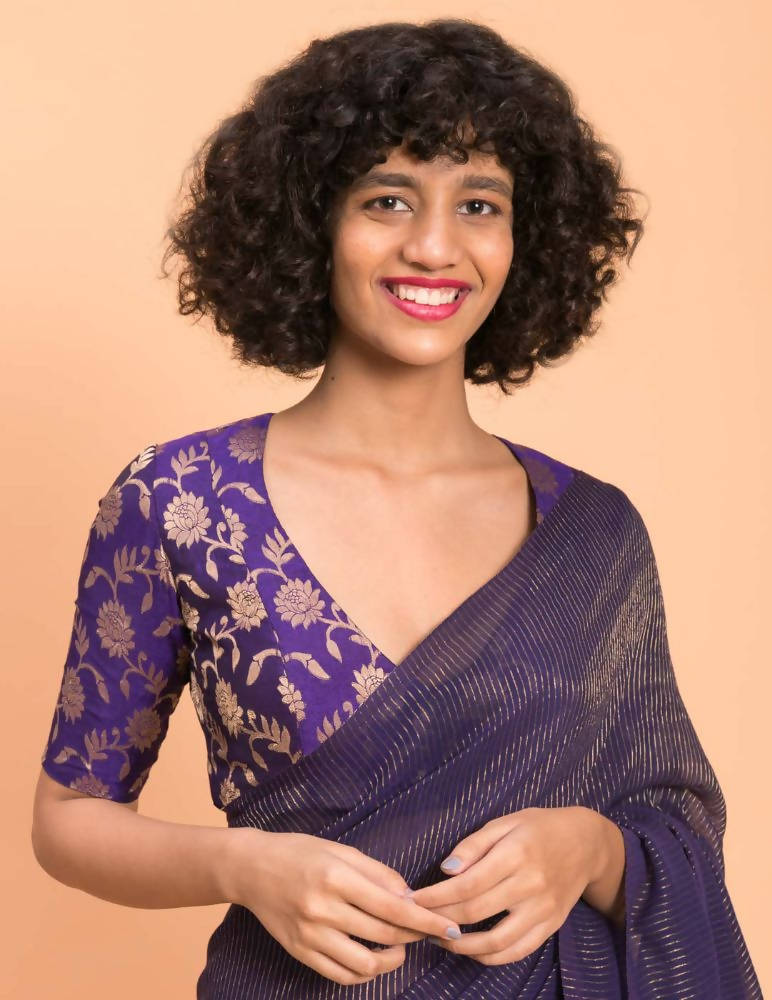 Suta Purple Woven Zari Striped Pure Handloom Cotton Saree