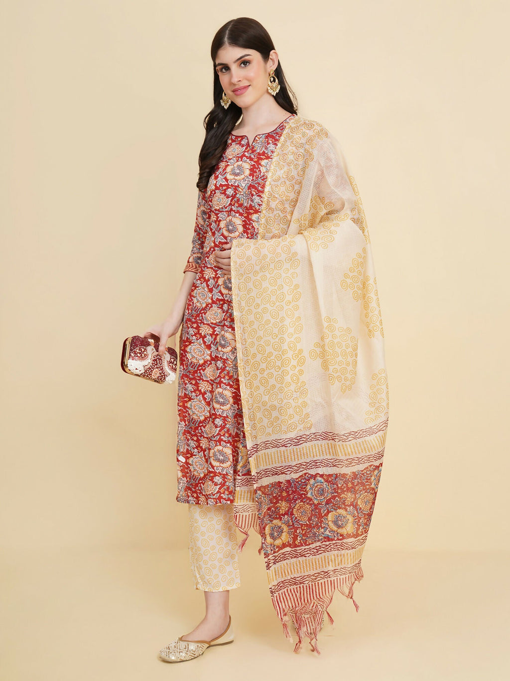 Designer Stylish red Cotton Stitched Suit With Dupatta - Tanisha