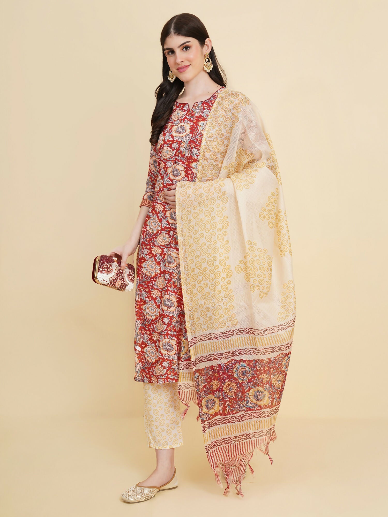 Designer Stylish red Cotton Stitched Suit With Dupatta - Tanisha