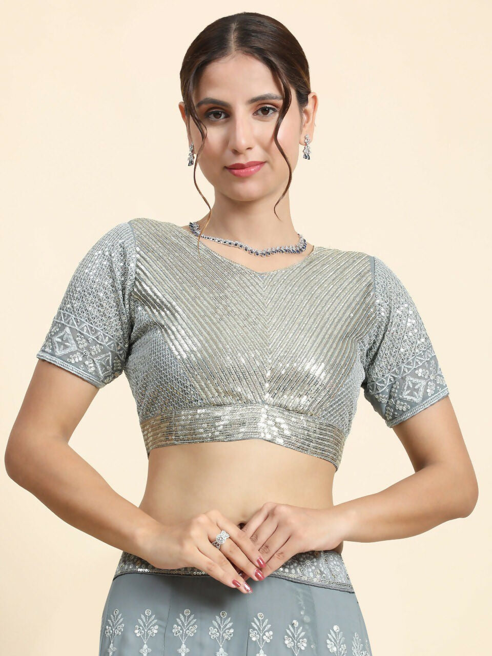 Jyoti Fashion Mesmerizing Grey Faux Georgette 3MM Sequins with Thread & Jari Embroidery Lehenga Choli with Dupatta