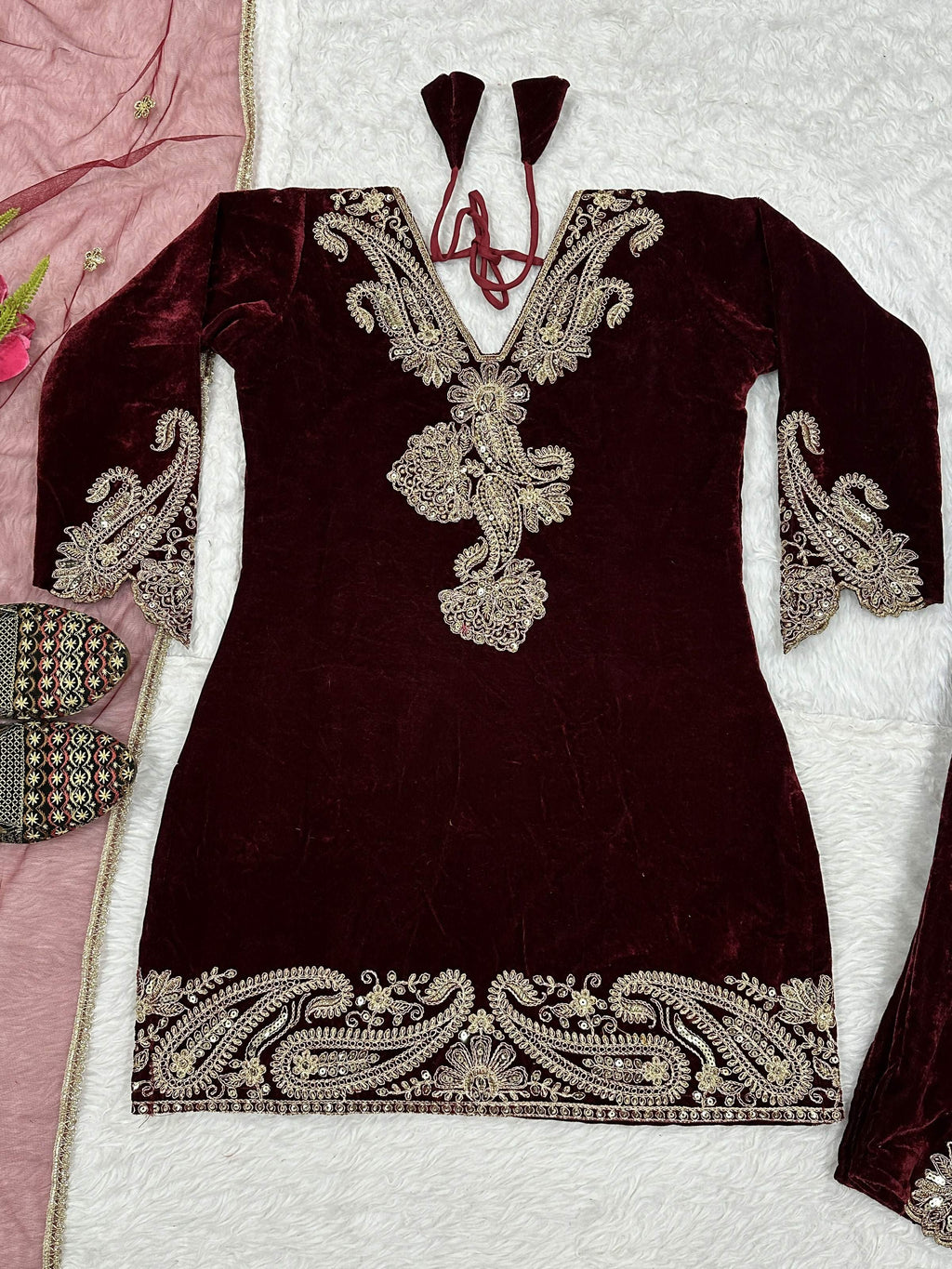Vastranavya Wine Viscose Velvet Cording Sequence Embroidery Work Suit-Bottom With Dupatta