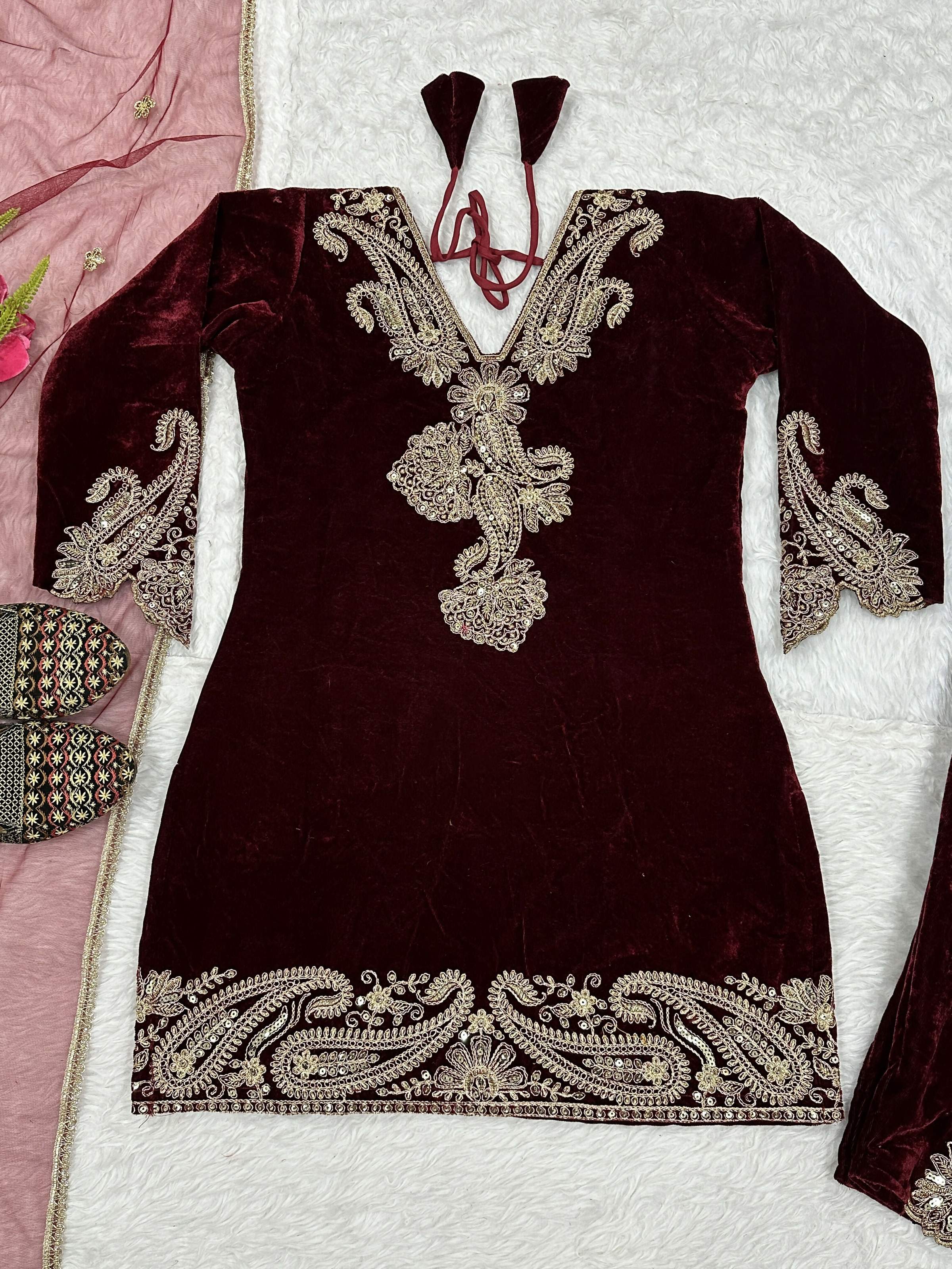Vastranavya Wine Viscose Velvet Cording Sequence Embroidery Work Suit-Bottom With Dupatta