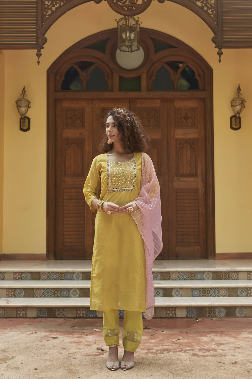 Mustard Chinon Embroidered Kurta and Bottom with Dupatta - Akashara