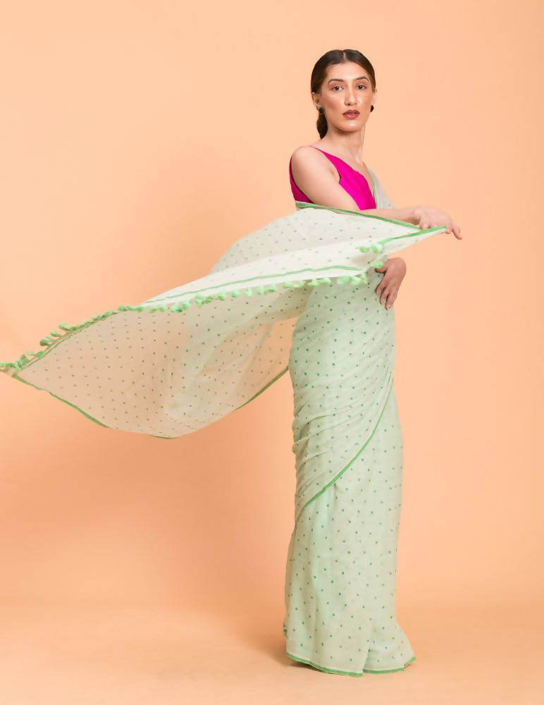 Suta Lime Green Polka Printed Pure Cotton Saree