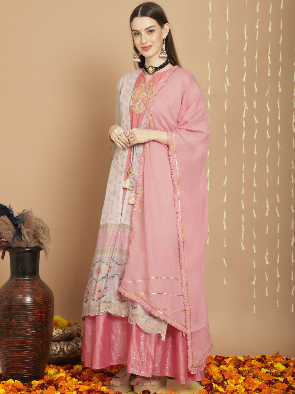 Jyoti Fashion Women's Grey Chanderi Silk Elegant Jardoshi Semi Kurta with Trouser & Dupatta