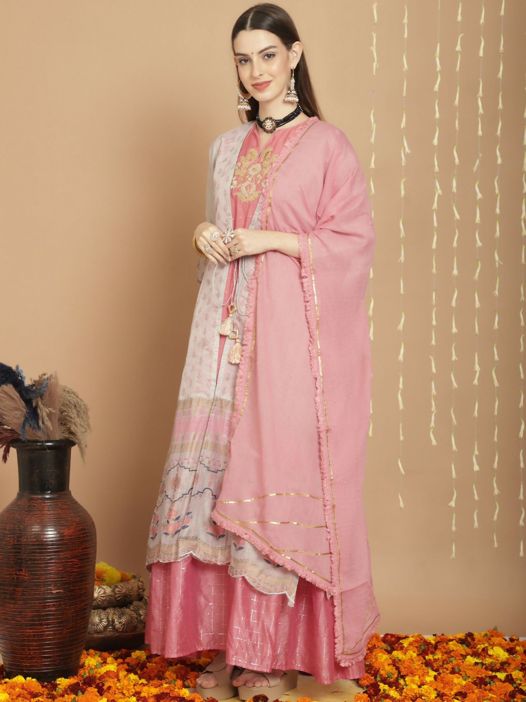 Jyoti Fashion Women's Grey Chanderi Silk Elegant Jardoshi Semi Kurta with Trouser & Dupatta