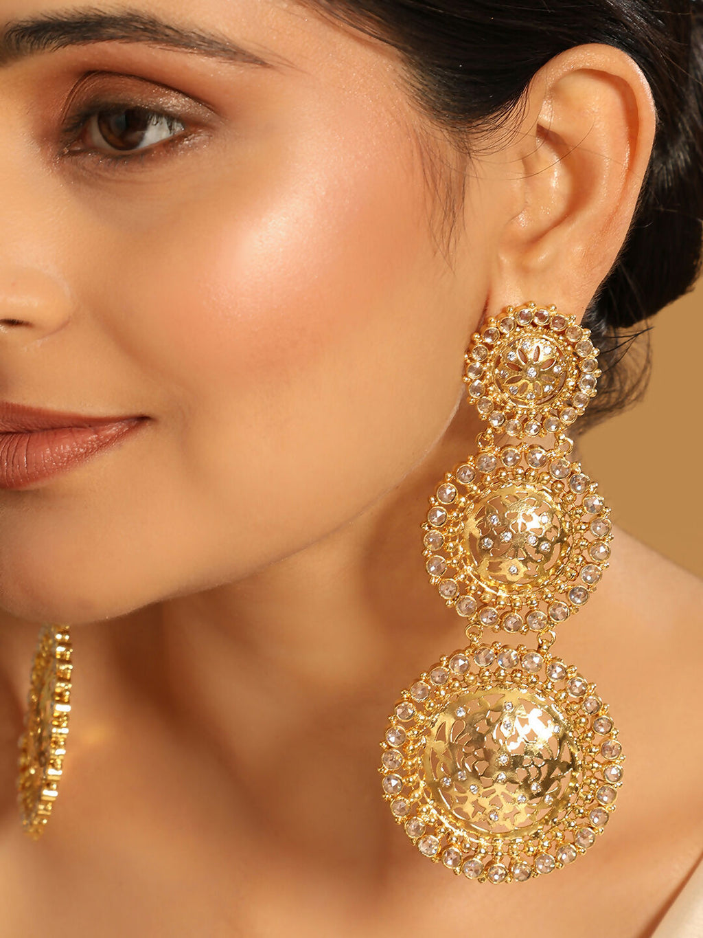Nuyug 22K Gold Plated Stone Studded Contemporary Shaped Drop Earrings