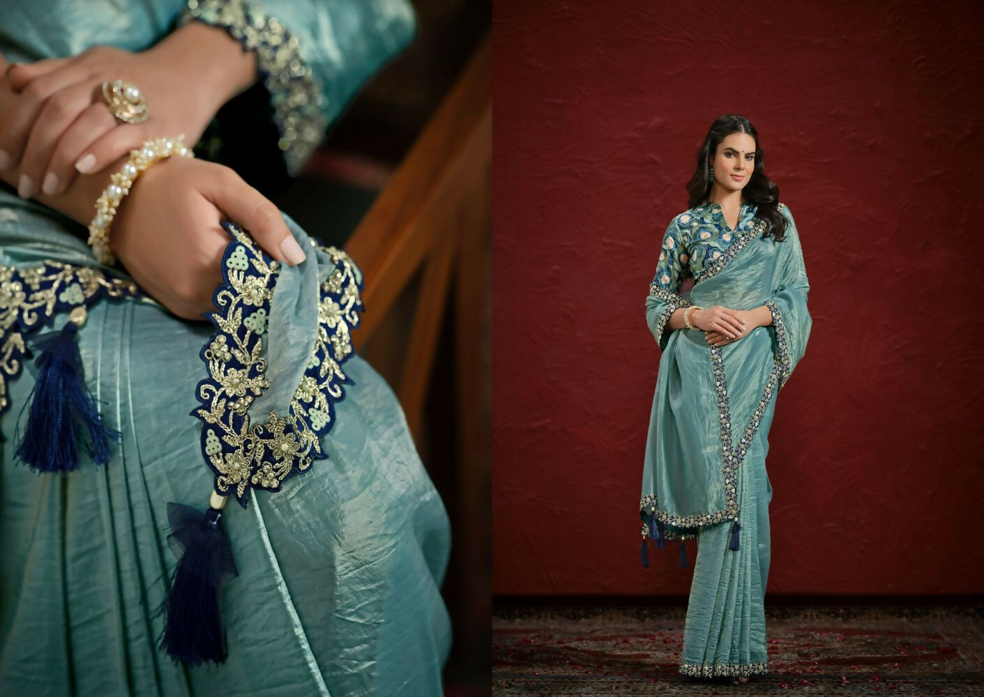 Sea Green Paper Silk Pleat Moti with Handwork Saree with Stitched Blouse - Mohmanthan Aaina