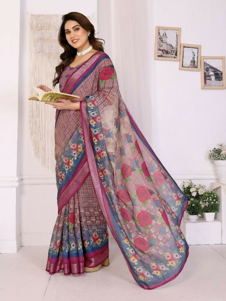 PR Fashion Purple Handloom Linen Cotton Zari Saree
