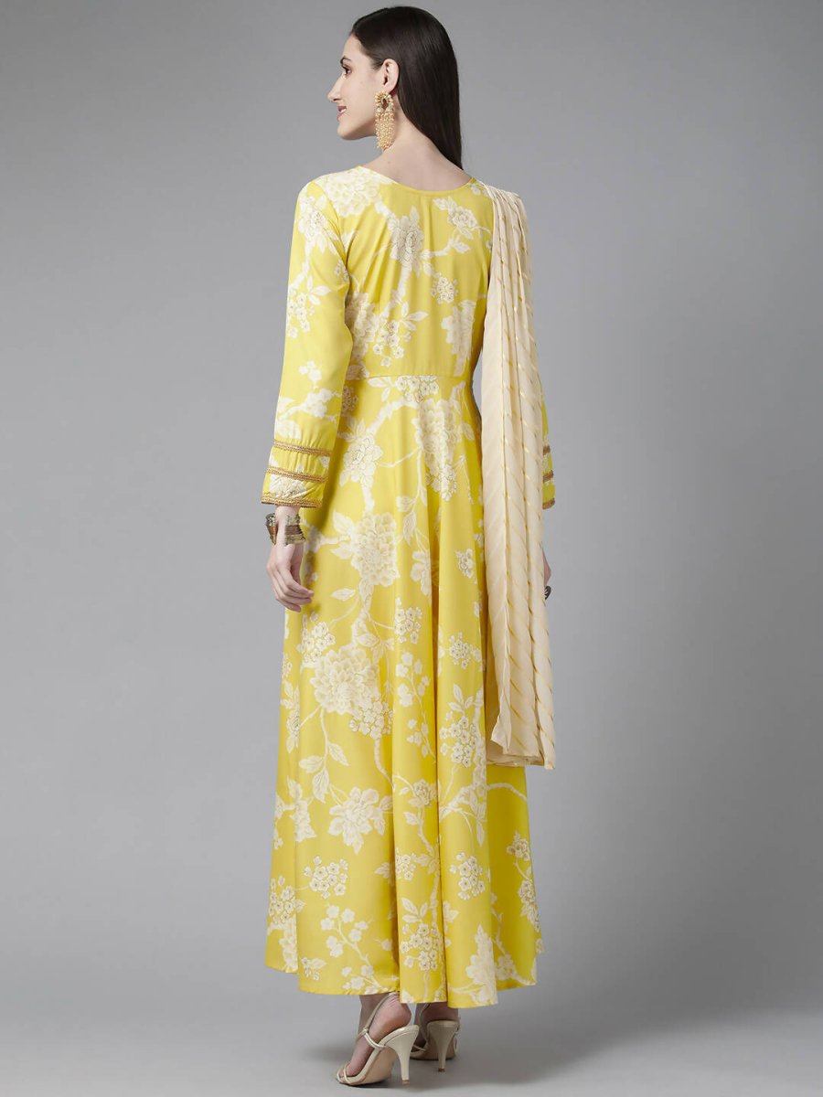 Ahalyaa Womens Lemmon Yellow Crepe Digital Printed Drapped Dress