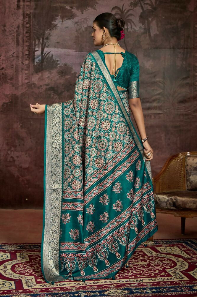 Joban Fashion Rama Green Dola Tussar Silk Self Jacquard Border Saree