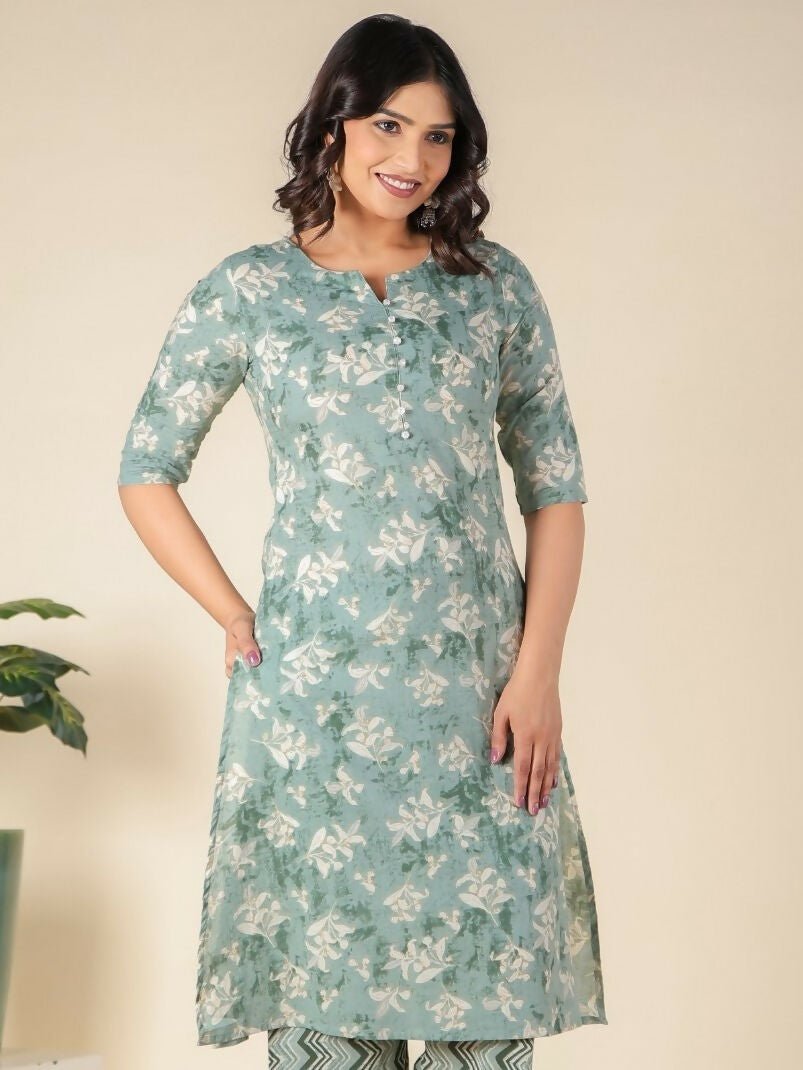 Aramya Green Soft Cotton Floral A-line Kurta for Women