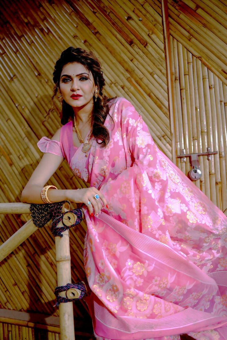 Partywear Designer Pink Jamdani contton Fancy Saree - Starwalk