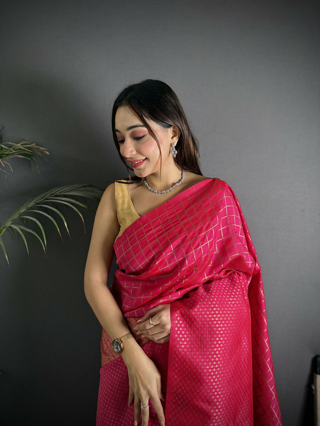 Joban Fashion Hot Pink Banarasi Soft Lichi Silk Checks & Woven Saree