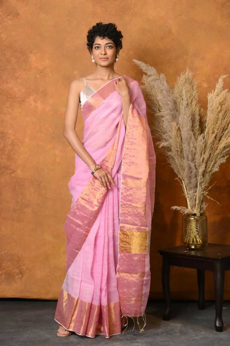Very Much Indian Handloom Pure Cotton Linen Saree With Golden Border - Pink