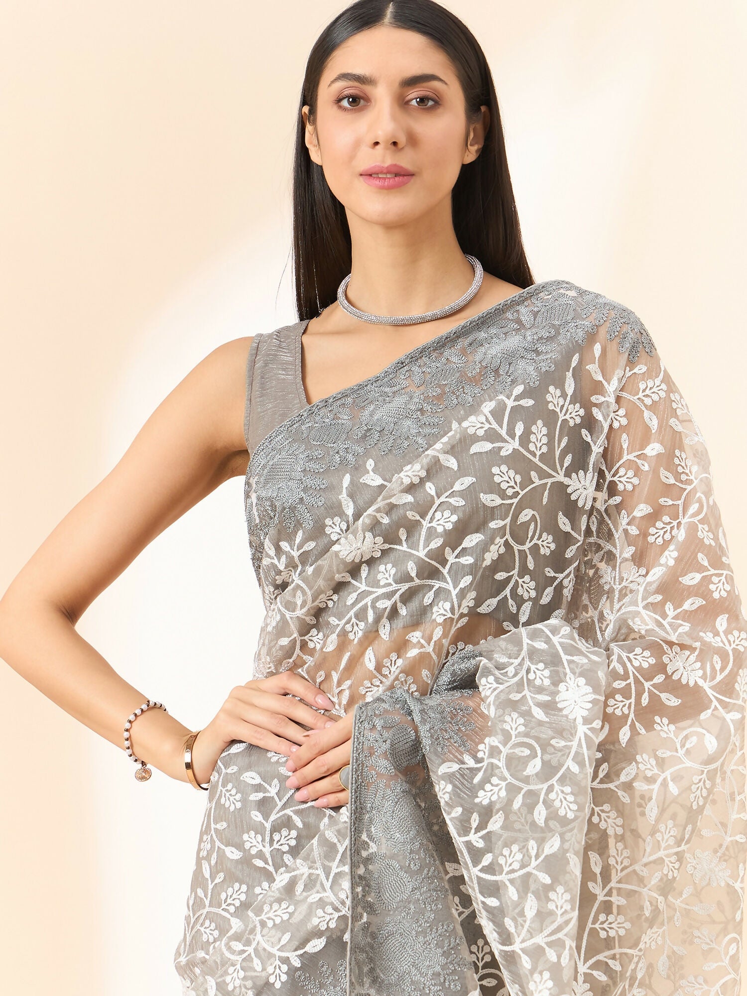 Grey Organza Floral Embroidered Saree with Unstitched Blouse Piece - Roozal