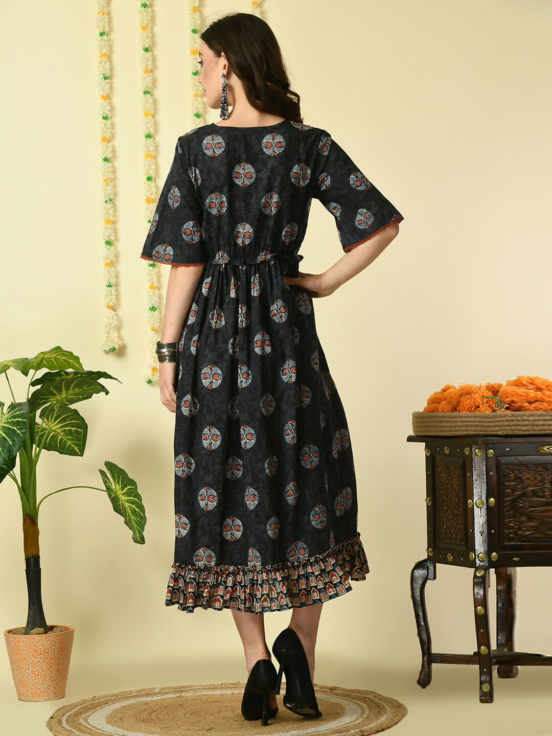 Myshka Women's Black Printed Cotton Party Dress