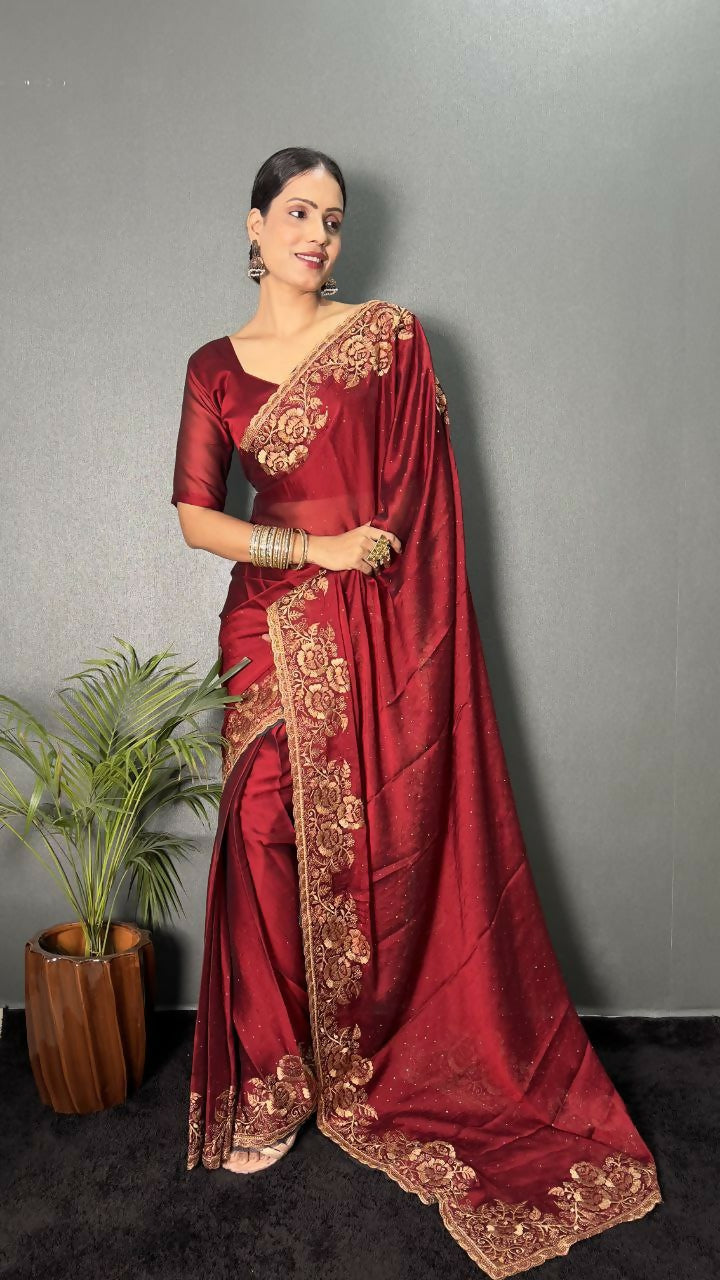 Vastranavya Maroon Rangoli Silk Zari work with DMC Swarovski work Ready to Wear Saree