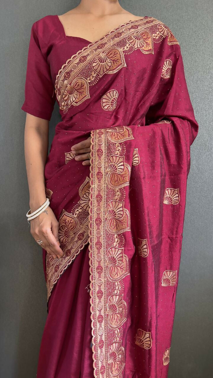 Vastranavya Pink Vichitra Silk Zari with Swarovski Work Ready to Wear Saree