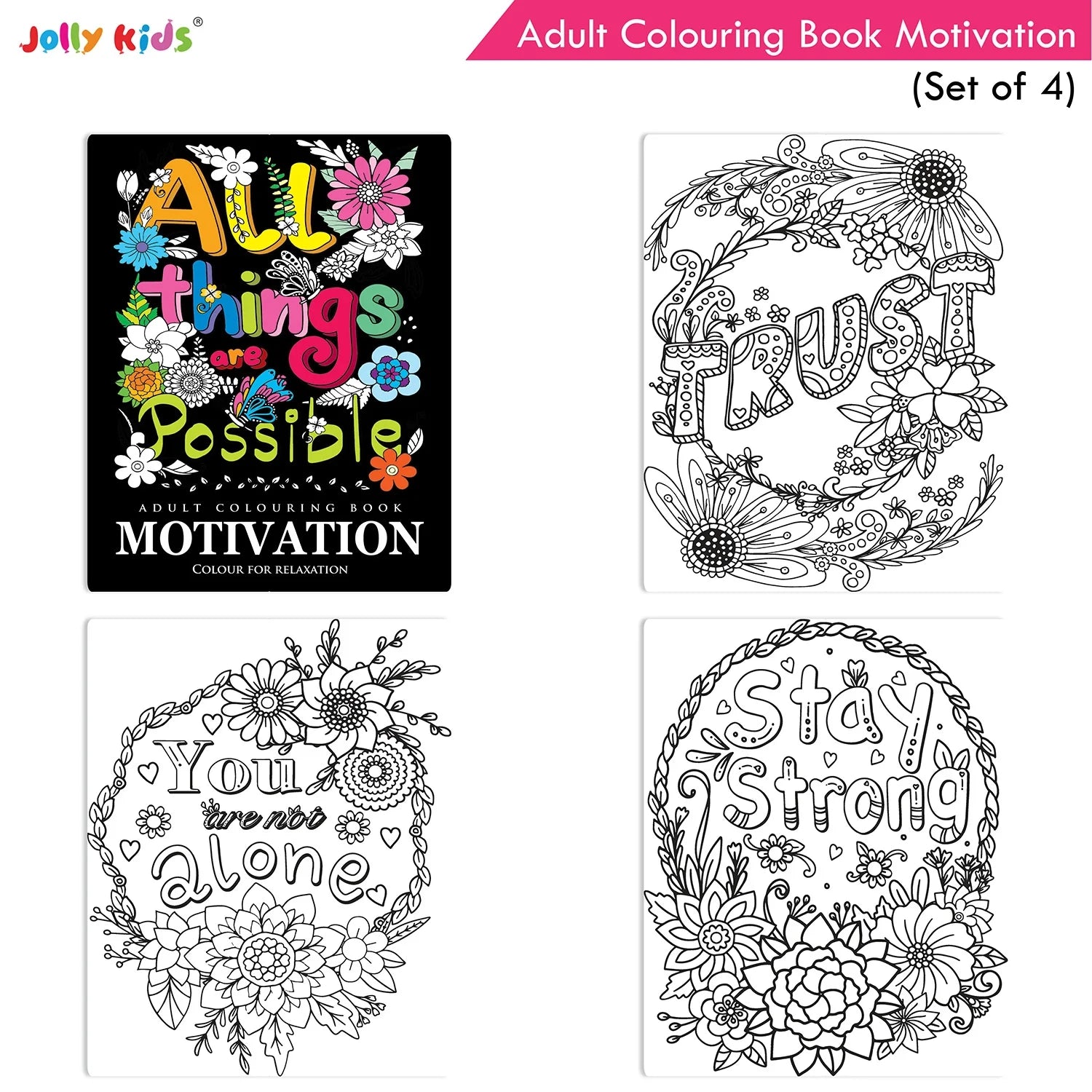 Jolly Kids Adult Colouring Books Set of 4|Adults Colouring Book: Stress Relieving Designs Floral, Animals, Birds & Motivational Quotes Colouring Books