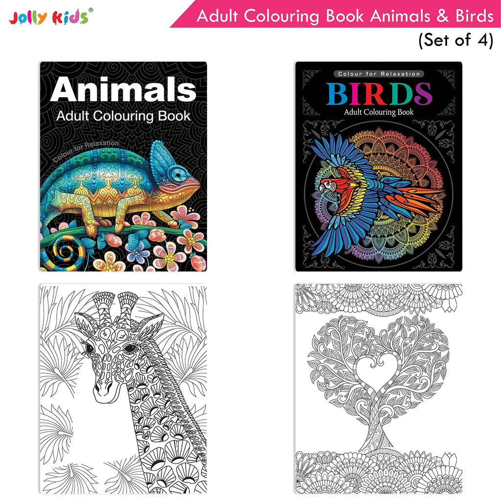 Jolly Kids Adult Colouring Books Set of 4|Adults Colouring Book: Stress Relieving Designs Floral, Animals, Birds & Motivational Quotes Colouring Books