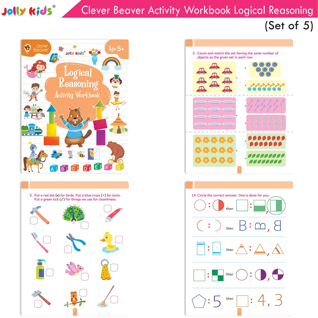 Jolly Kids Clever Beaver Ages 5-6 Years Fun Learning Activities Workbooks Set of 4| English-Maths-EVS-Good Habit-Logical Reasoning