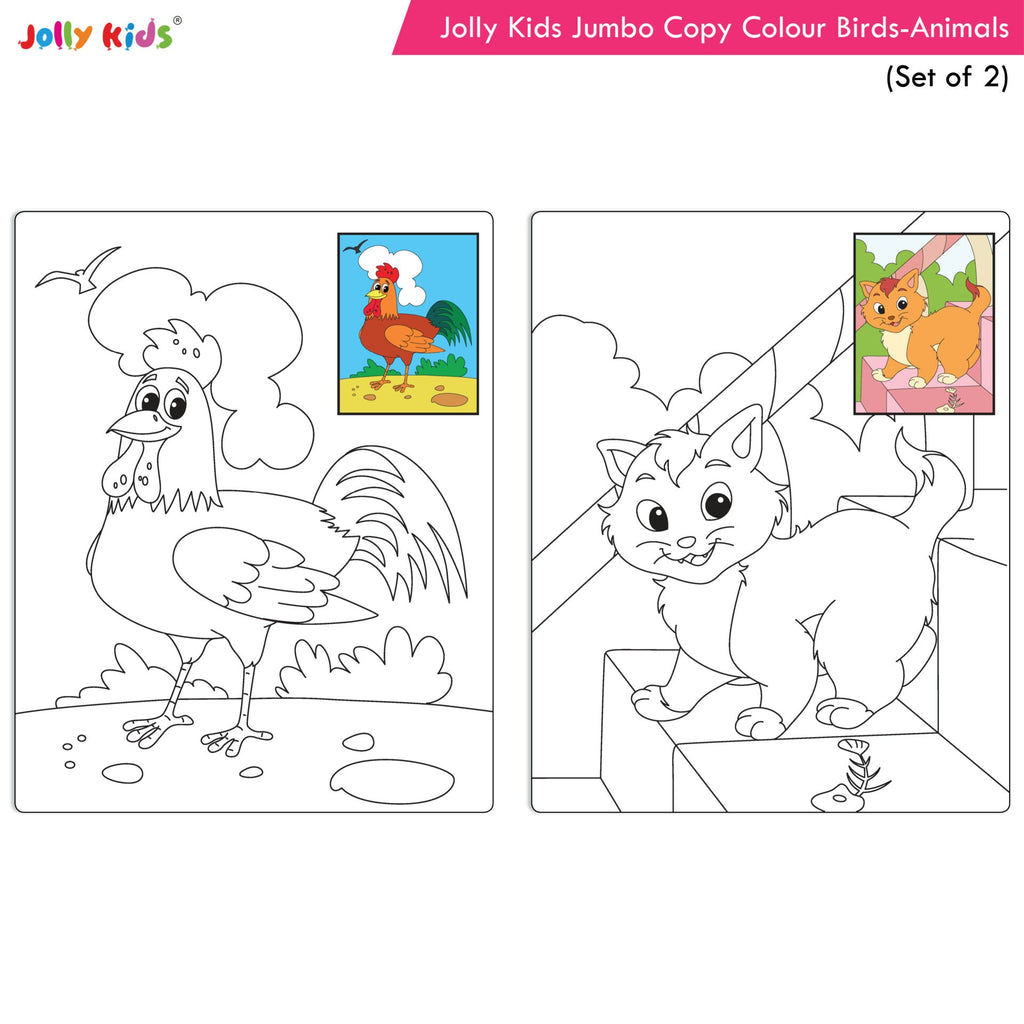 Jolly Kids Jumbo Copy Colour Books Set of 2| Colour Themes Birds, Dinosaurs, Animals, Ocean, Unicorns, Princess, Pirates, Mermaid| Ages 3-10 Years