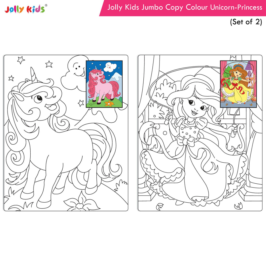 Jolly Kids Jumbo Copy Colour Books Set of 2| Colour Themes Birds, Dinosaurs, Animals, Ocean, Unicorns, Princess, Pirates, Mermaid| Ages 3-10 Years