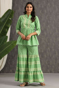 Juniper Green Ethnic Motif Printed Pure Cotton Tunic & Sharara With Sequins & Lace Detail