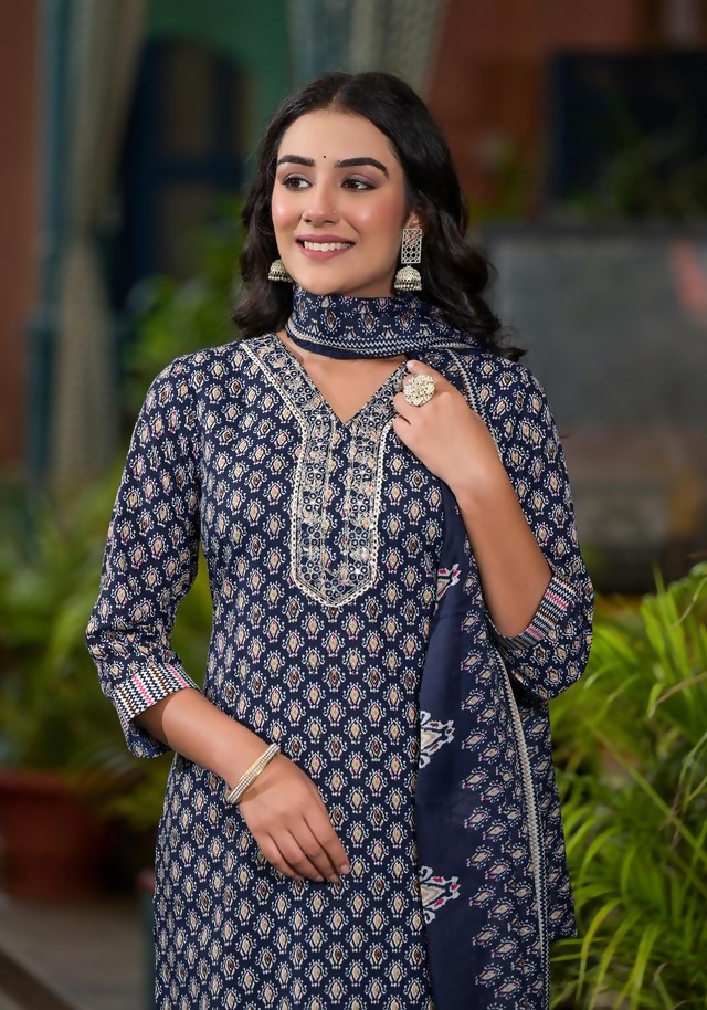 Juniper Women's Navy Ethnic Motif Printed Cotton Kurta Pant And Dupatta Set With Mirror Work & Sequins