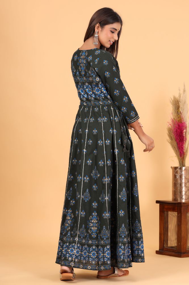 Kaajh Women's Green Gold Print Embellishment Anarkali Kurta