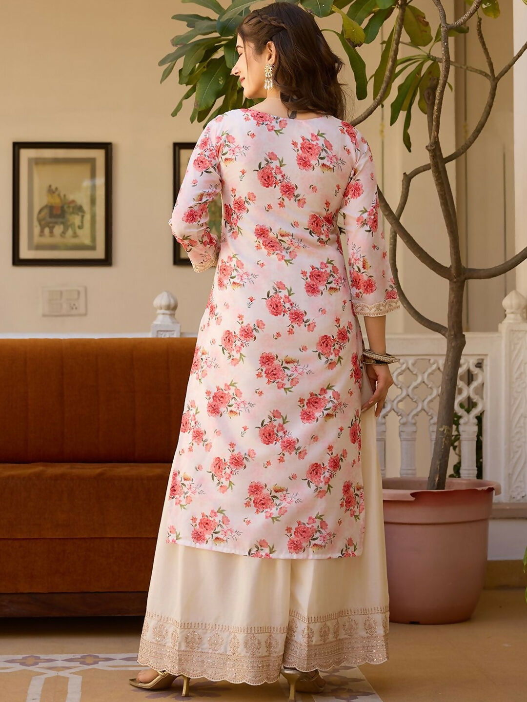 The52 White Women's Gorgeous Embroidered Chinon Fabric Straight Kurta Palazzo and Dupatta Set