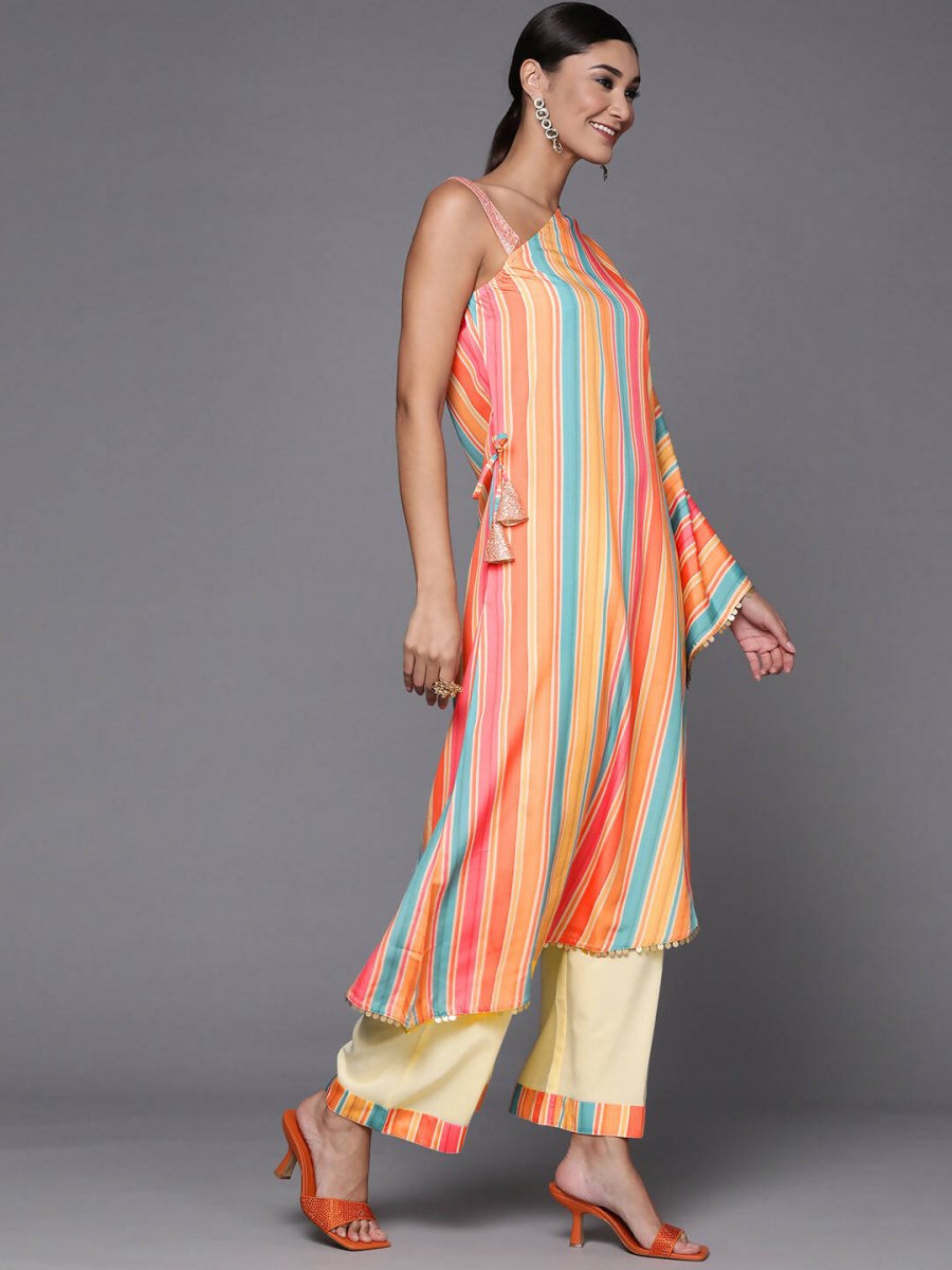 Ahalyaa Peach-Coloured & Blue Printed Striped Asymmetric Taselled Kaftan Kurta Palazzos