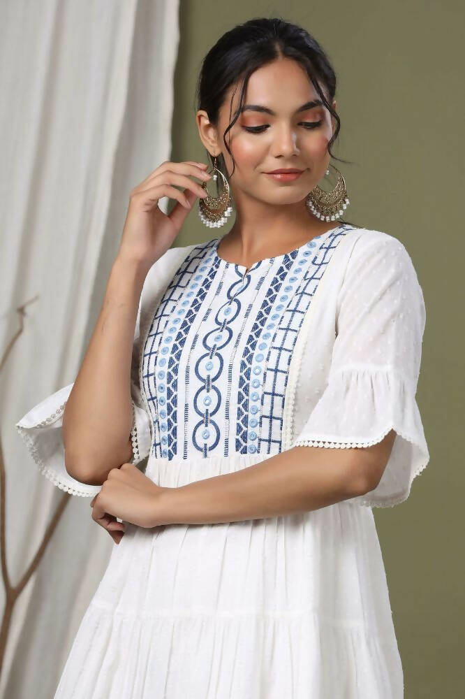 Juniper White Cotton Dobby Festive Embroidered Tiered Dress For Women