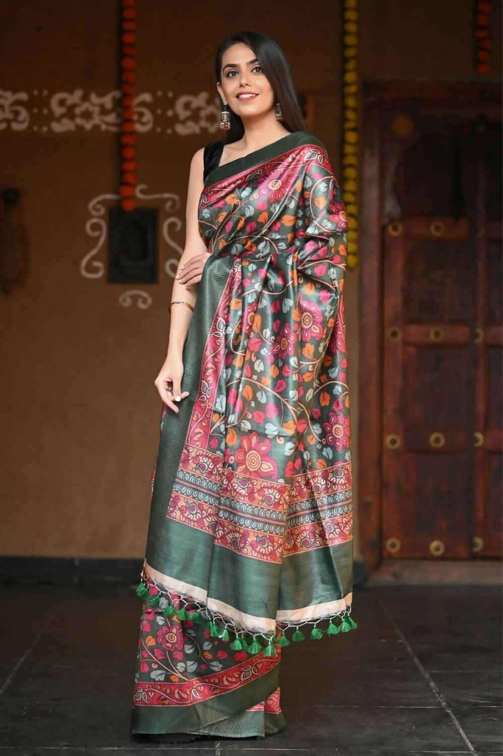 Very Much Indian Handloom Pure Tussar Silk With Floral Prints - Green