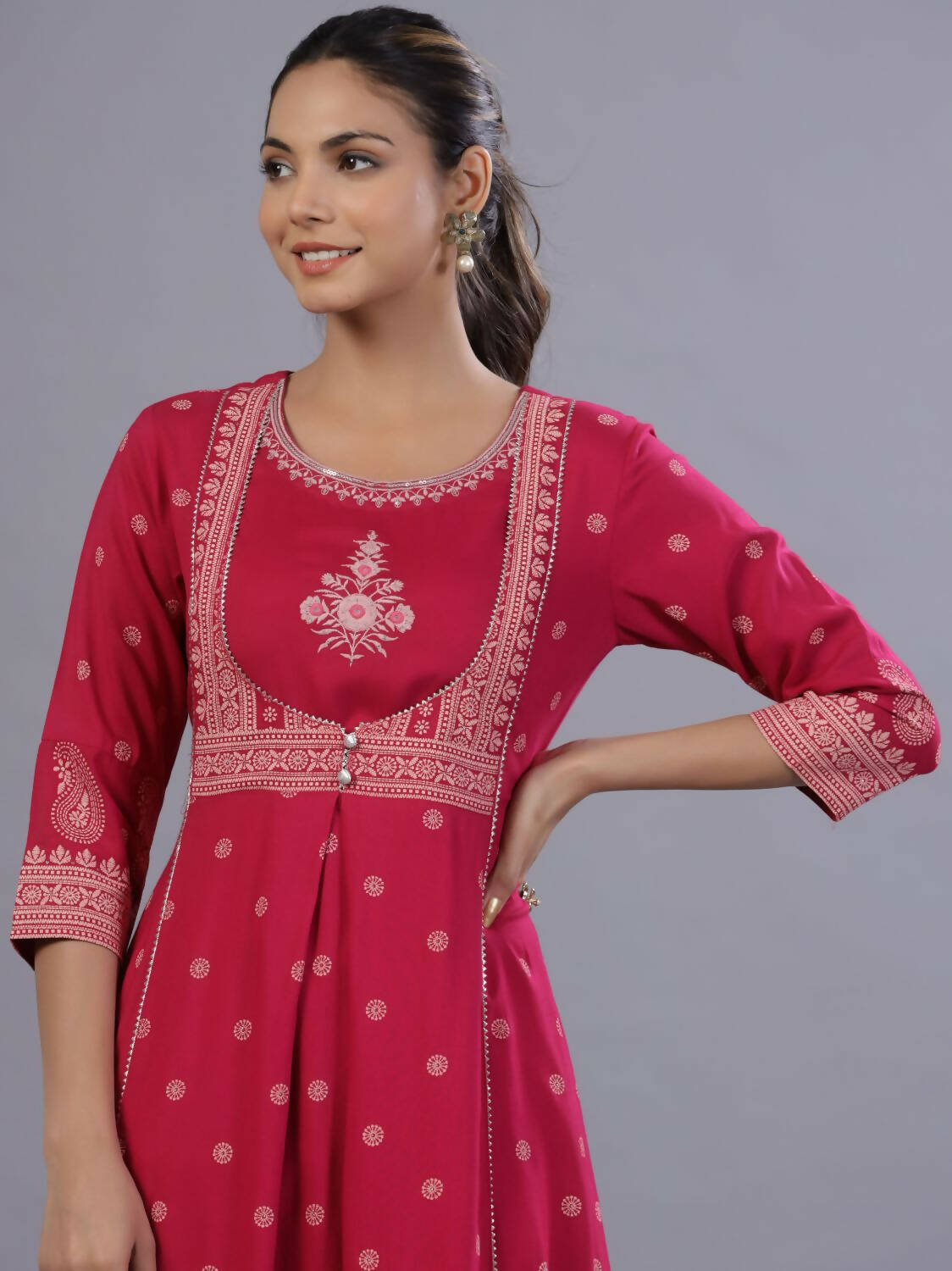 Juniper Women Fuchsia Rayon Printed A-Line Kurta