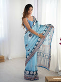 Blue Chinon Designer Digital Printed,Mirror Cut Work Saree - Elayna