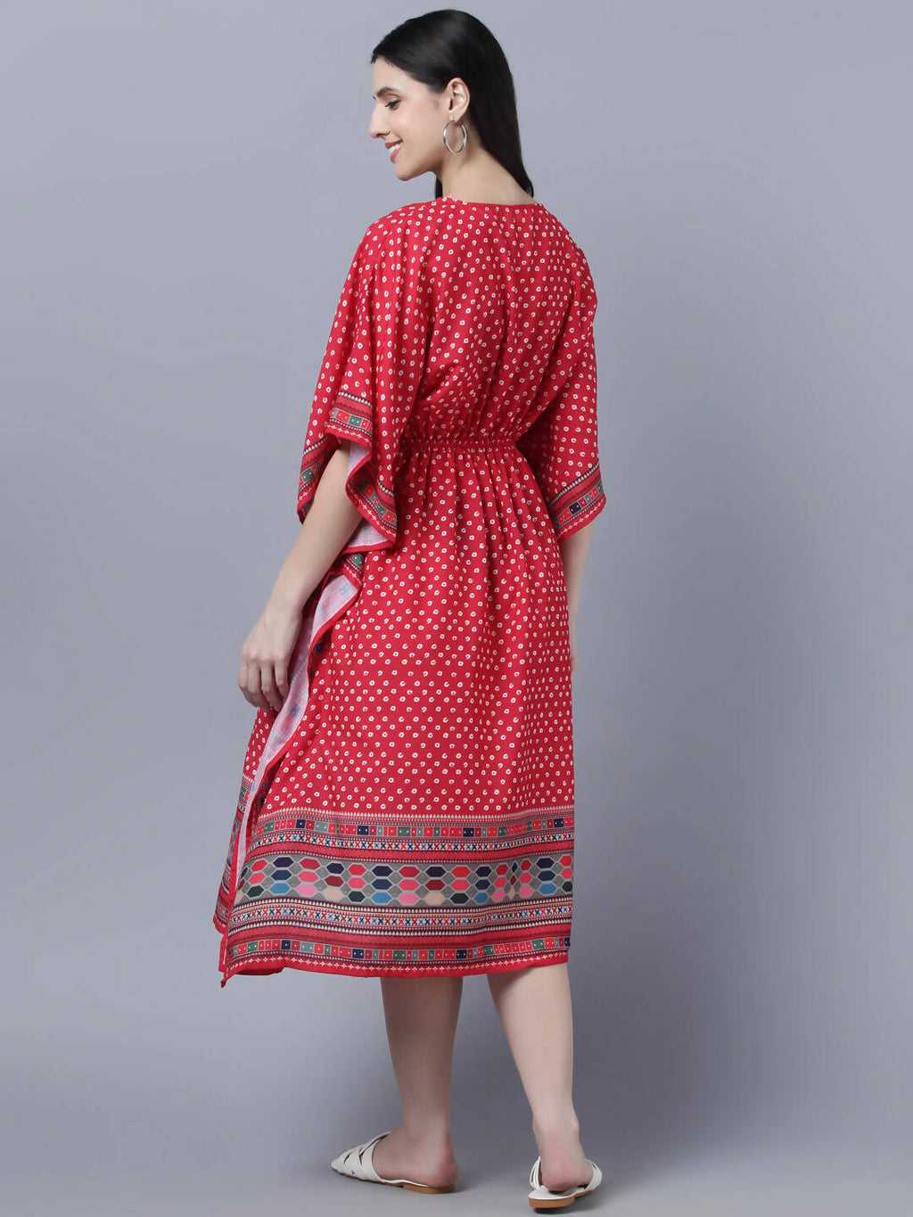 Myshka Women's Red White Ethnic Motifs Printed Kaftan Midi Dress