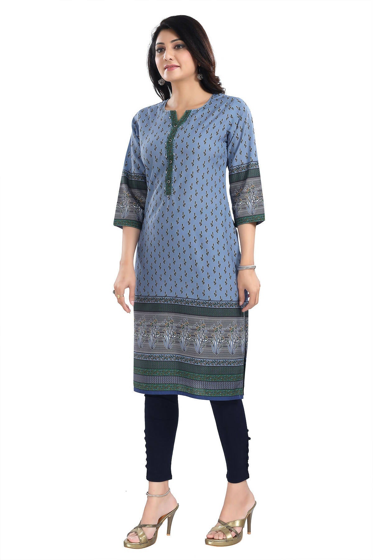 Snehal Creations Aesthetic Blue Digital Print Cotton Slub Long Kurti Tunic