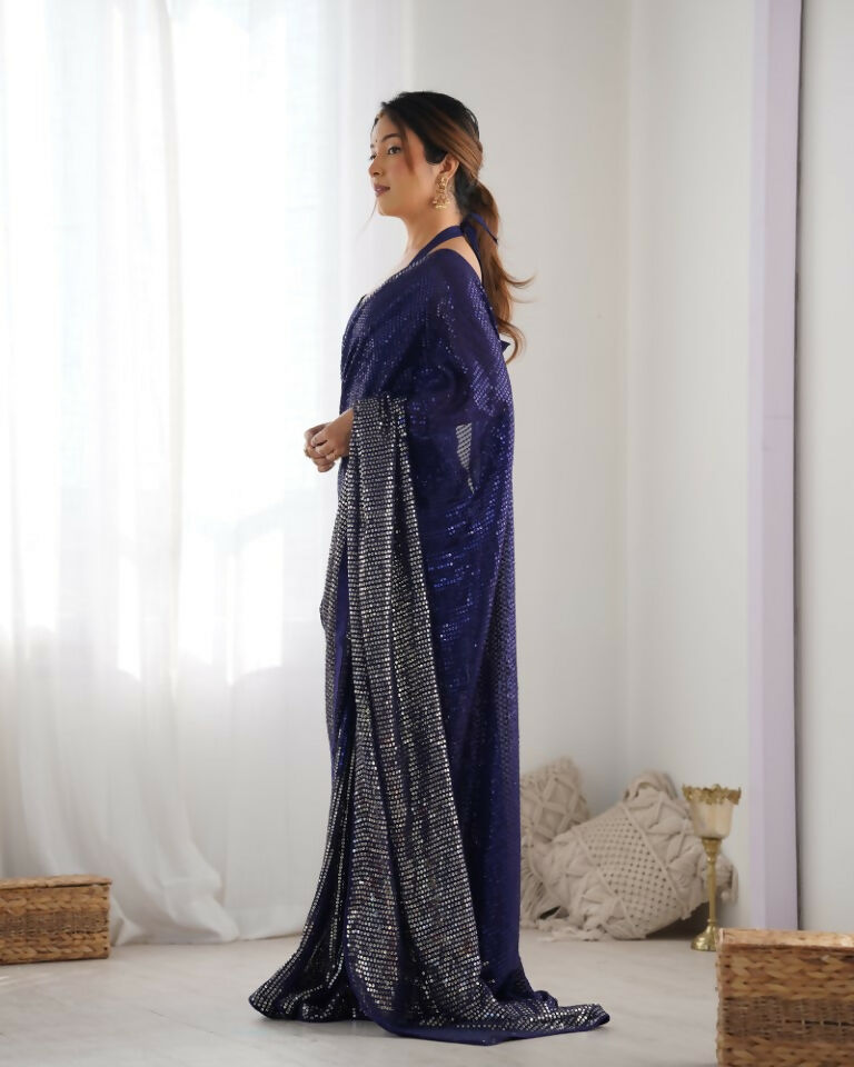 Blue Georgette Designer Sequence Embroidery Work Saree - Sitare