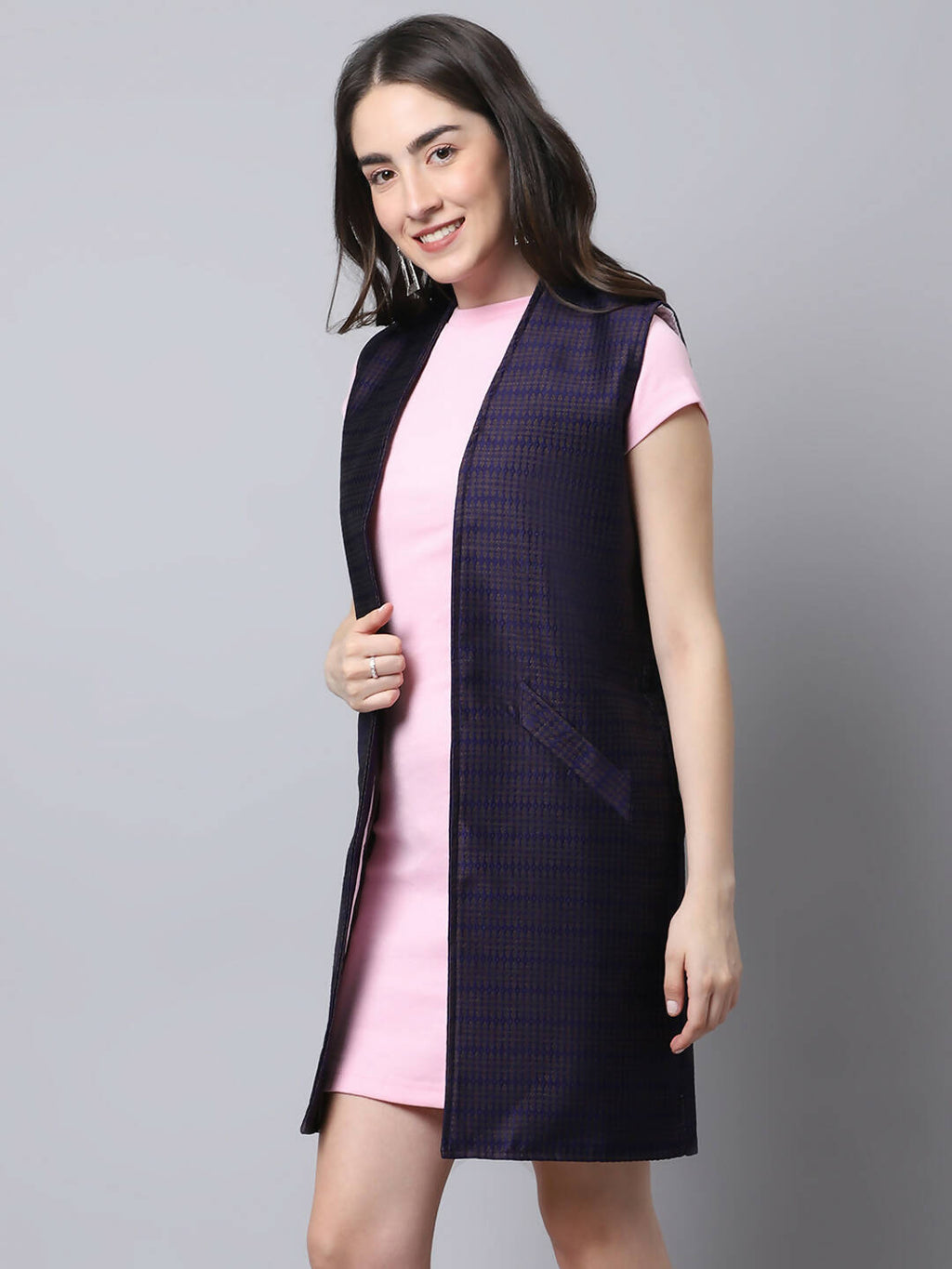Even Apparels Navy Bansari Silk Open Front Women's Long Coat