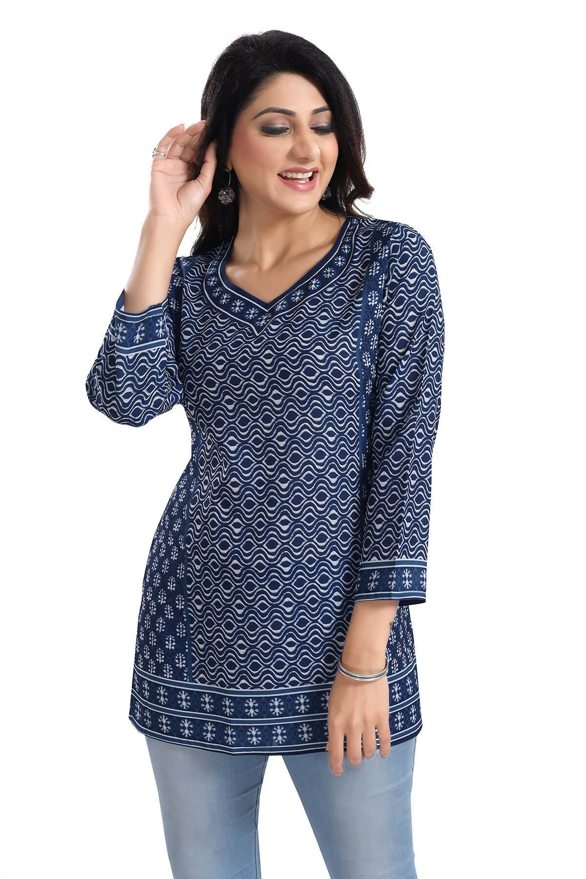 Snehal Creations Bright Indigo Summer Cool Printed Short Kurti Tunic
