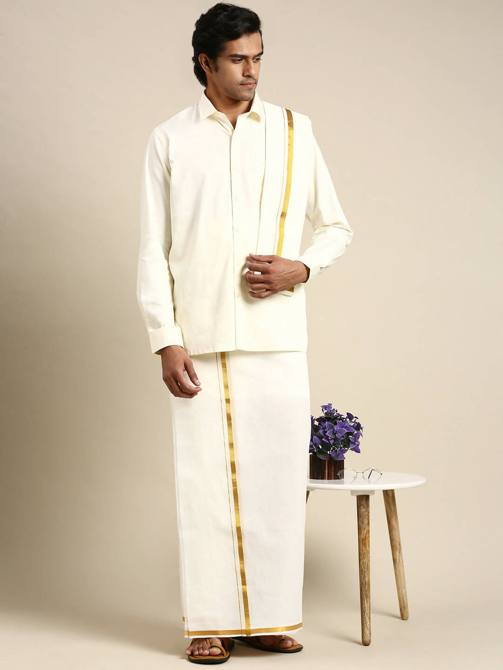Ramraj Cotton Premium Wedding Cream Regular Dhoti, Shirt & Towel Set Golden Reward