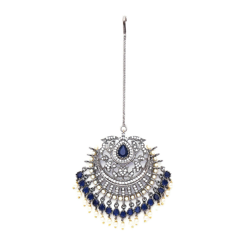 Oversized Diamond & Blue Stone Maang Tikka- Ruby Raang