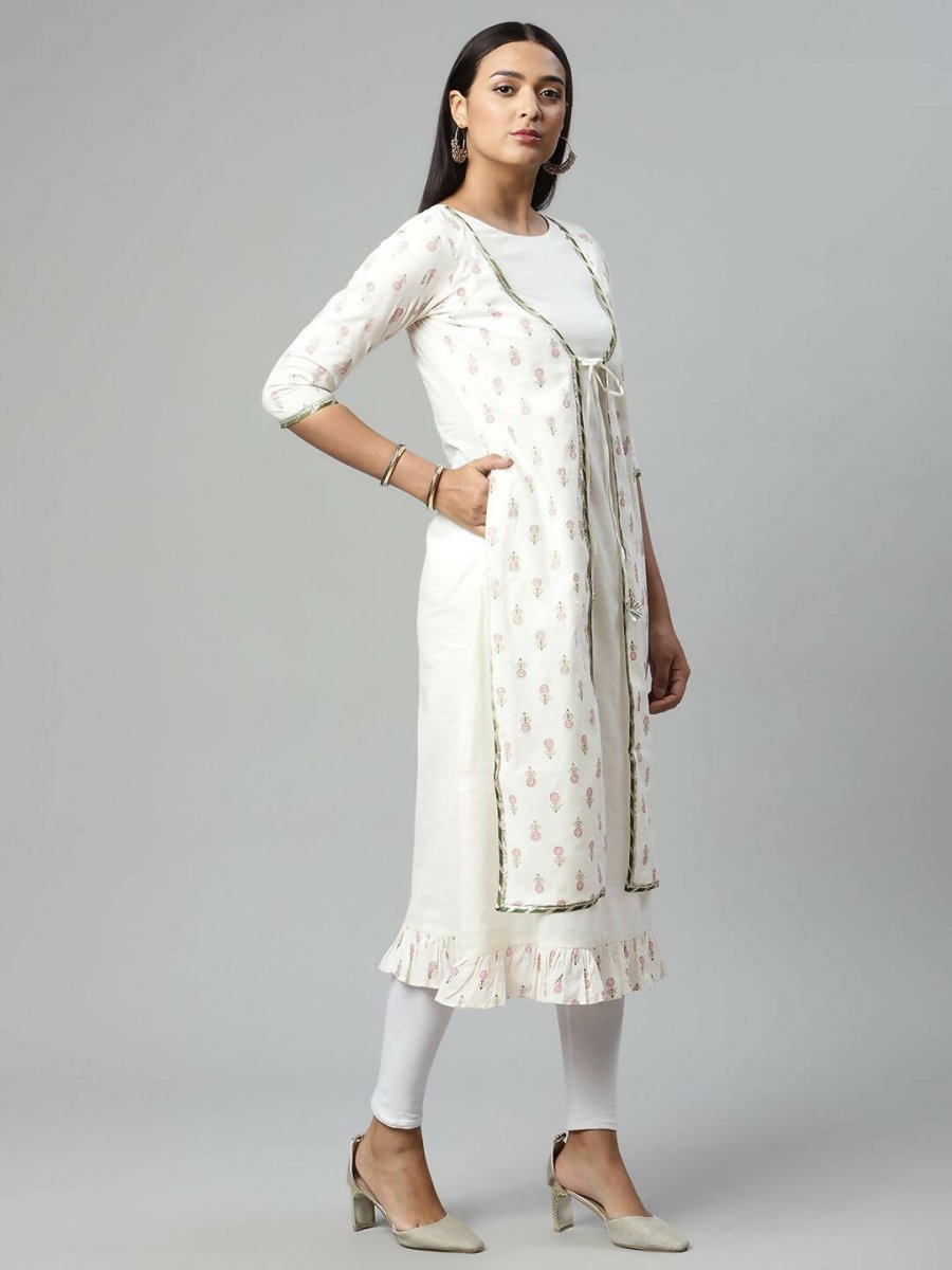 Ahalyaa Women's Off White Cotton Printed Kurta
