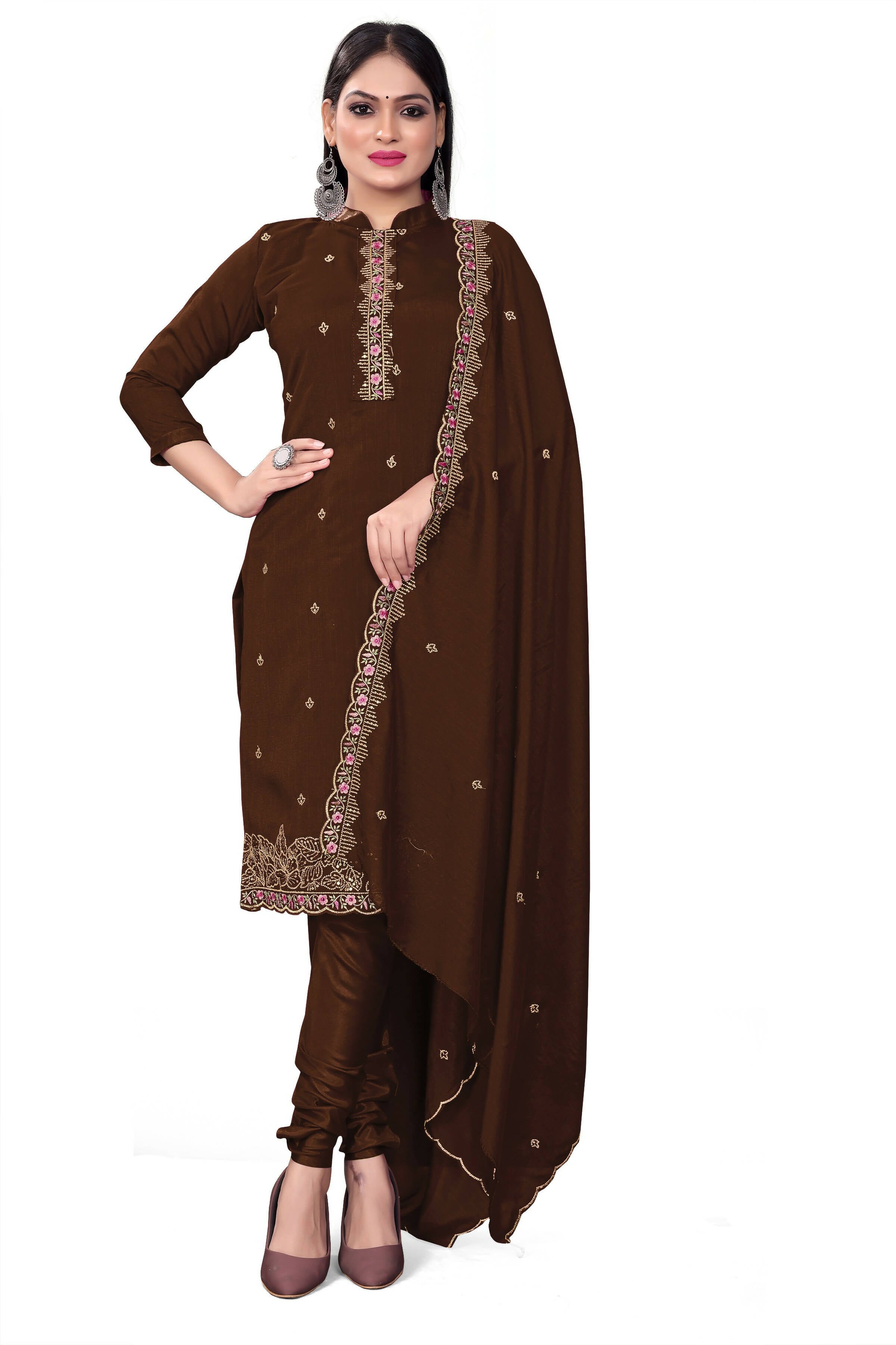 Brown Silk Embroidered with Sequins work Unstitched Dress Material - Tanvi