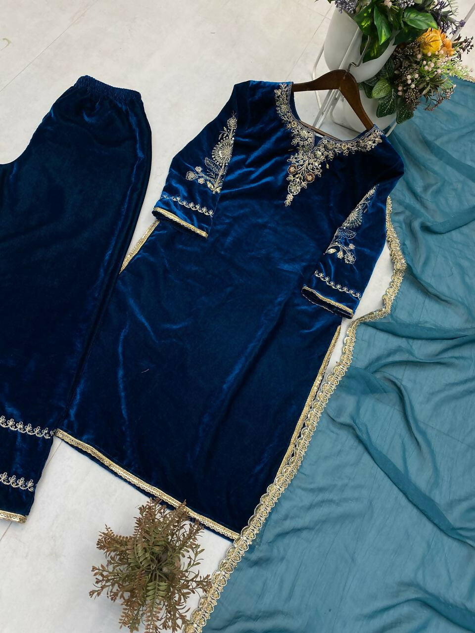 Vastranavya Teal Velvet Cording Sequence Embroidery Work Suit With Dupatta