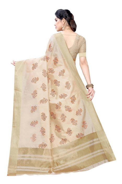 Vamika Cotton Polyester Silk Weaving Cream Saree (Kerala Flower)