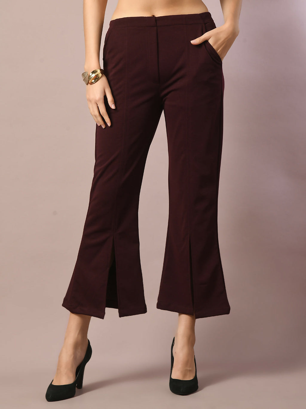 Myshka Women's Coffee Brown Solid Boat Neck Party Top With Trousers Co-ord set
