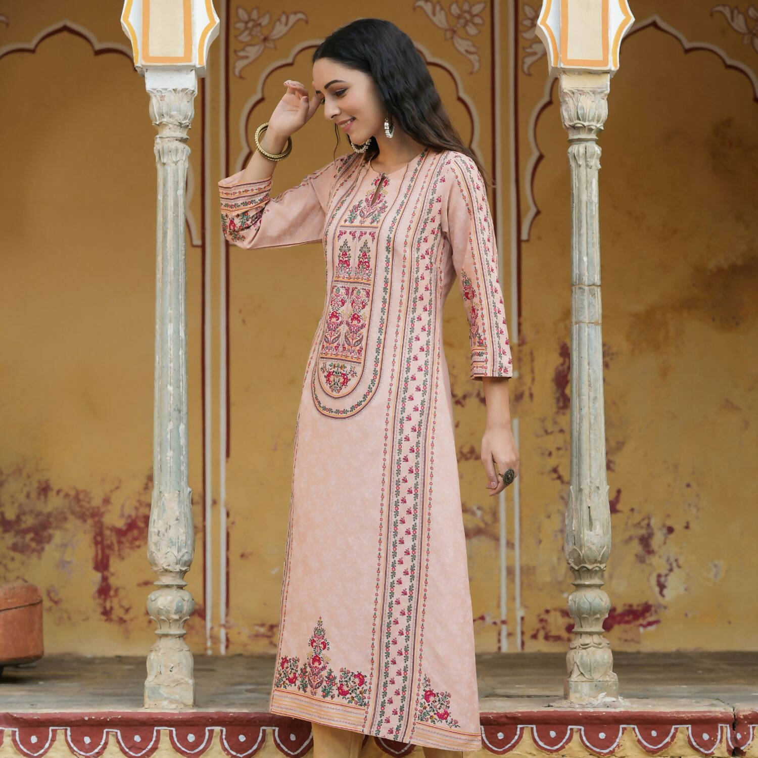 Juniper Women's Peach Rayon Staple Printed A-Line Kurta